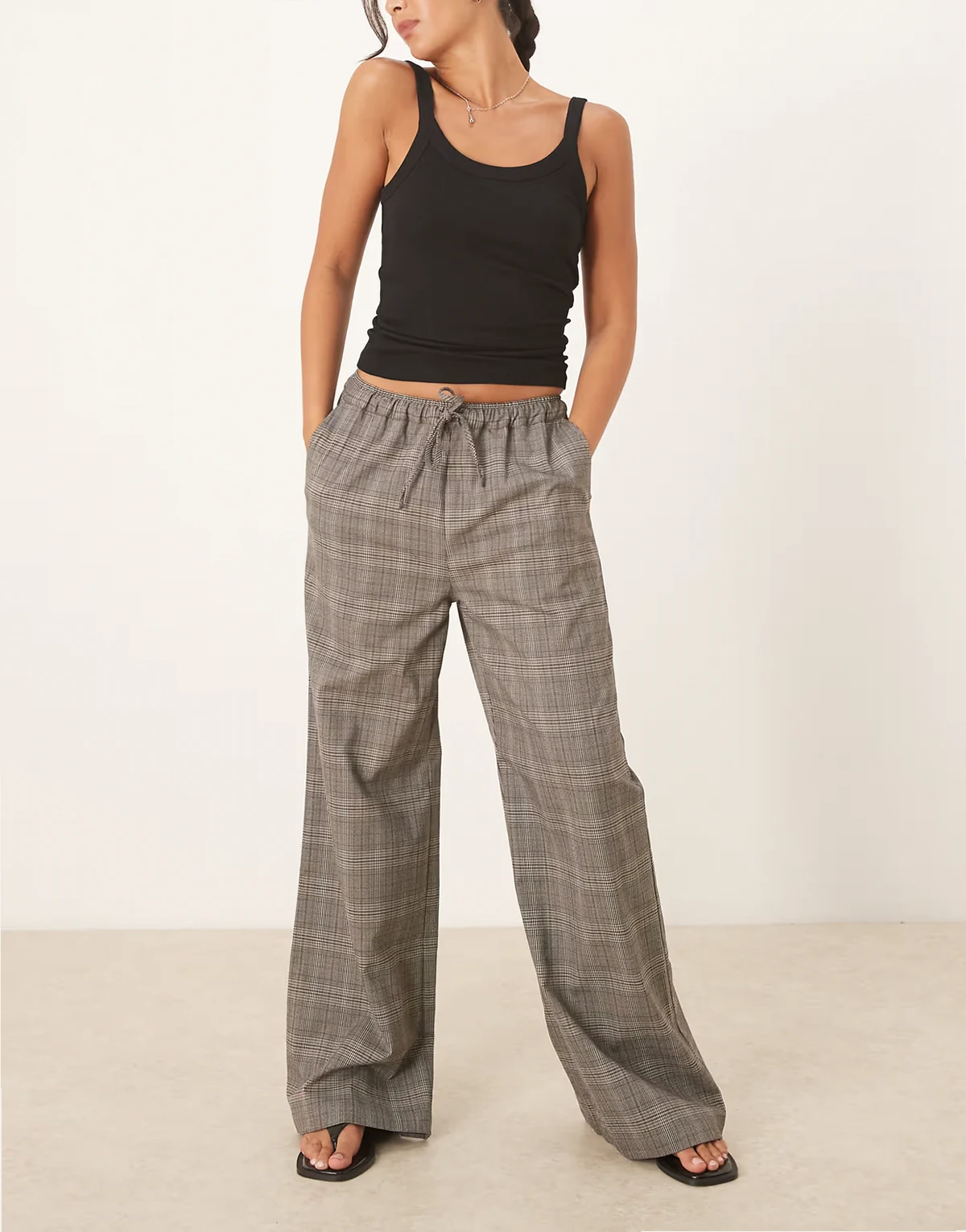 straight leg plaid pants in brown