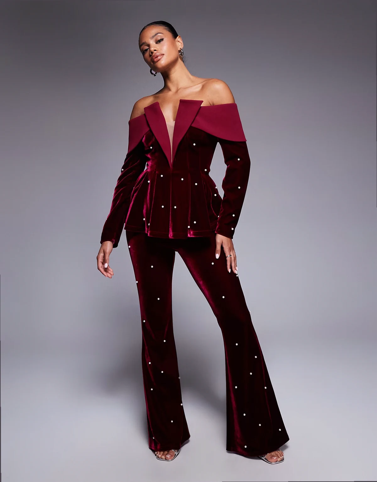 velvet pants with pearl embellishment in berry - part of a set