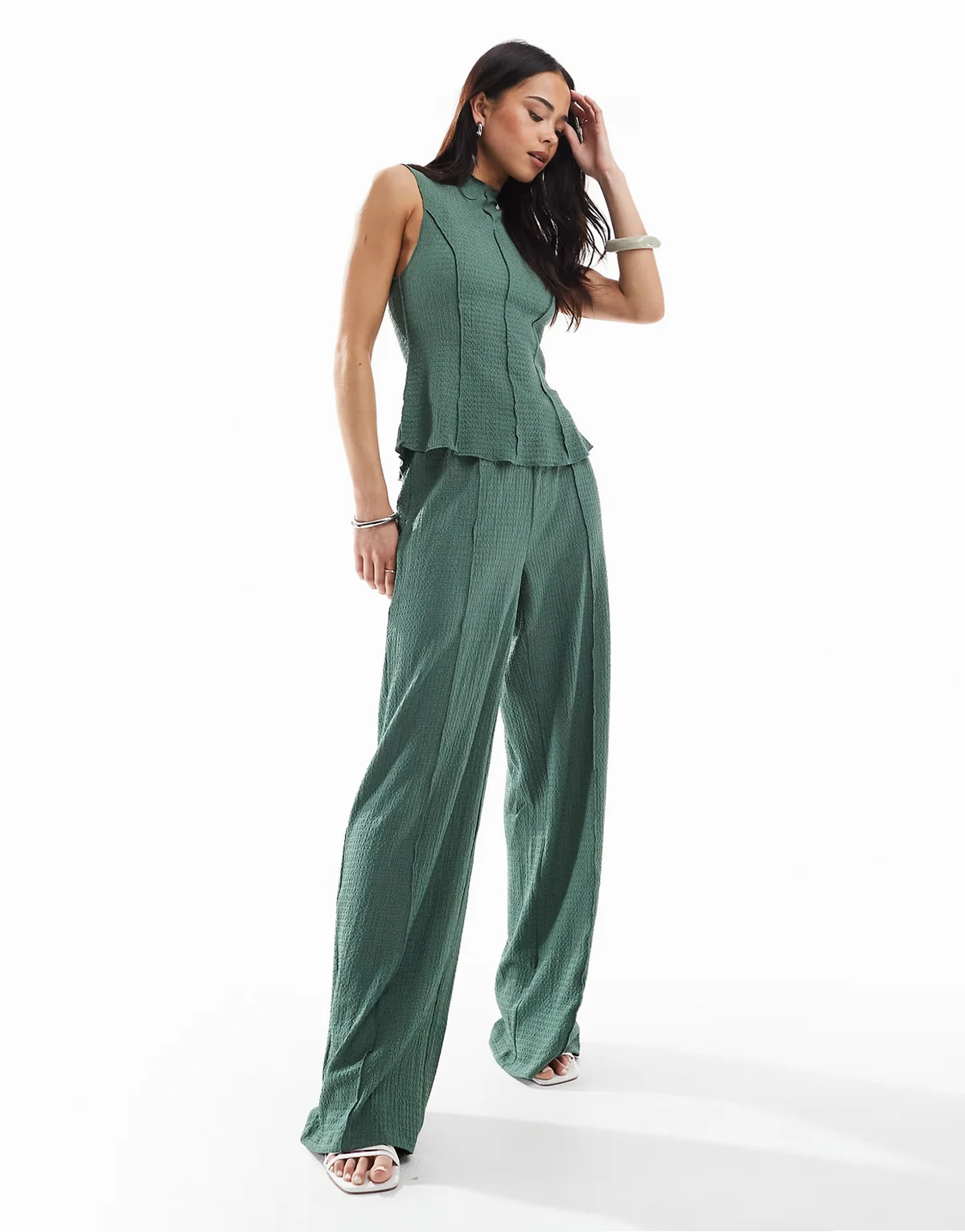 textured jersey seam front pants in pine green - part of a set