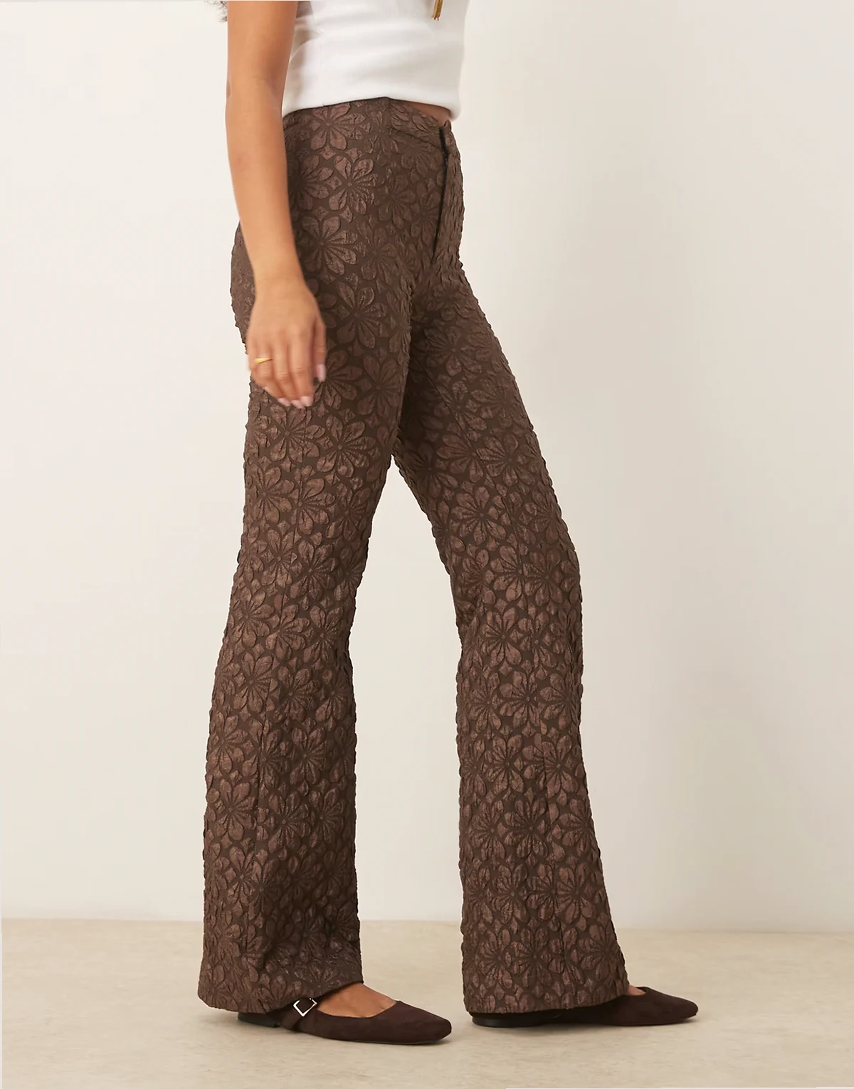 Runway floral flared pants in French chocolate