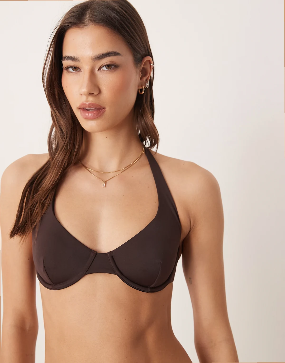 underwire halterneck bikini top in dark brown