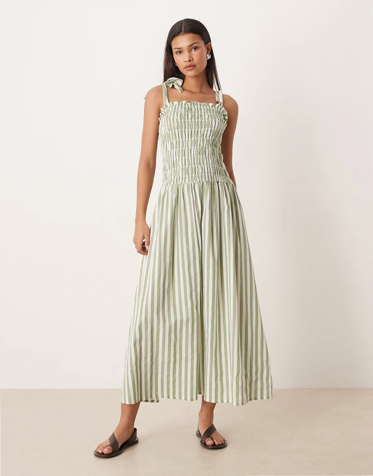 tie strap maxi beach dress in light green stripe