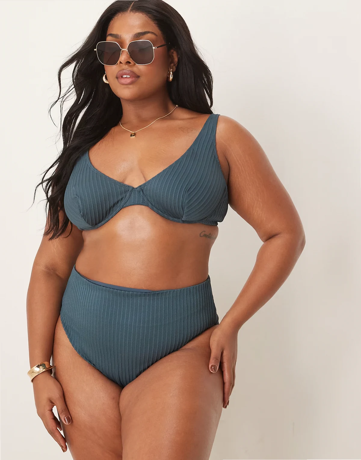 ASOS DESIGN Curve Riddy ribbed high leg high waist bikini bottoms in slate blue