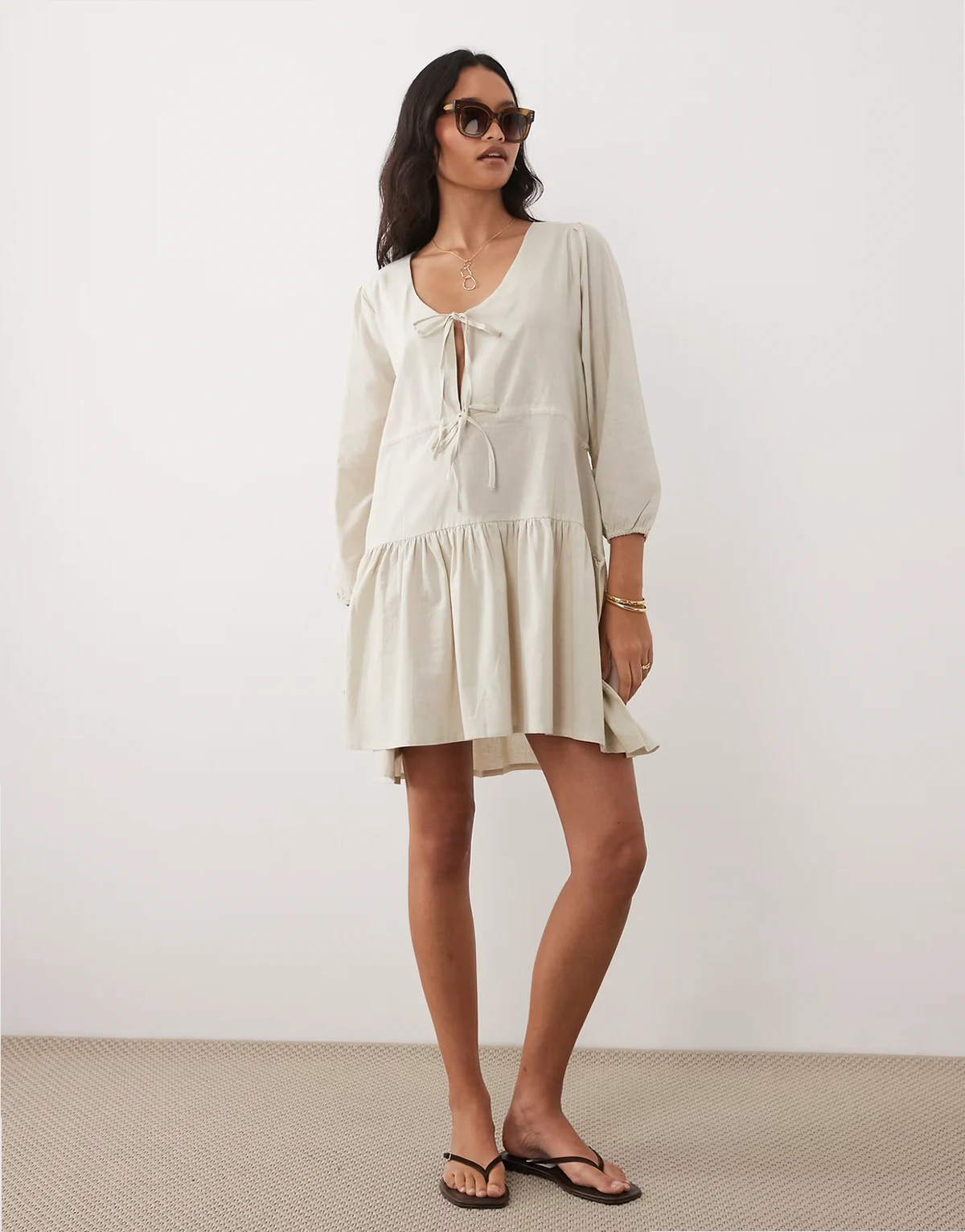 linen mix long sleeve tiered mini tie front beach dress in oat