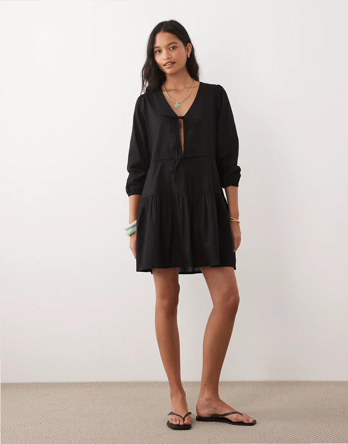 Esmee tie front tiered mini beach dress in black