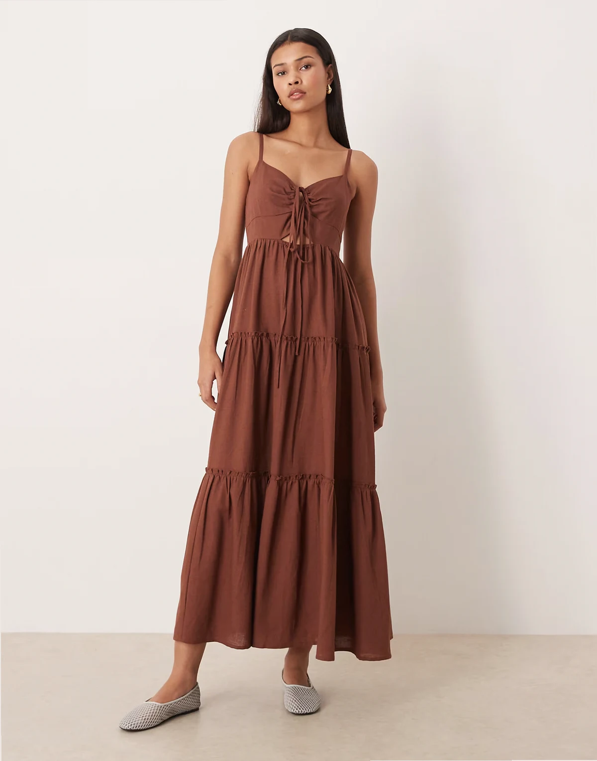 tiered maxi beach dress in brown