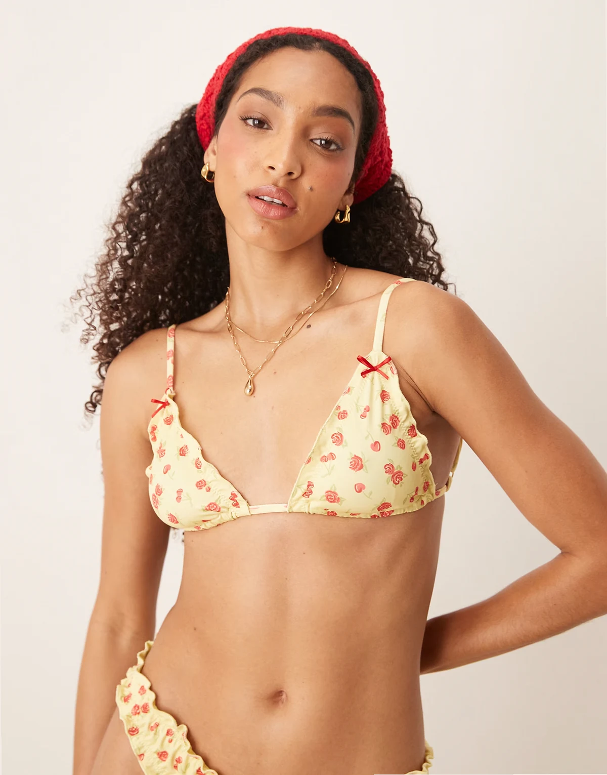cherry/rose scrunch triangle bikini top in butter yellow