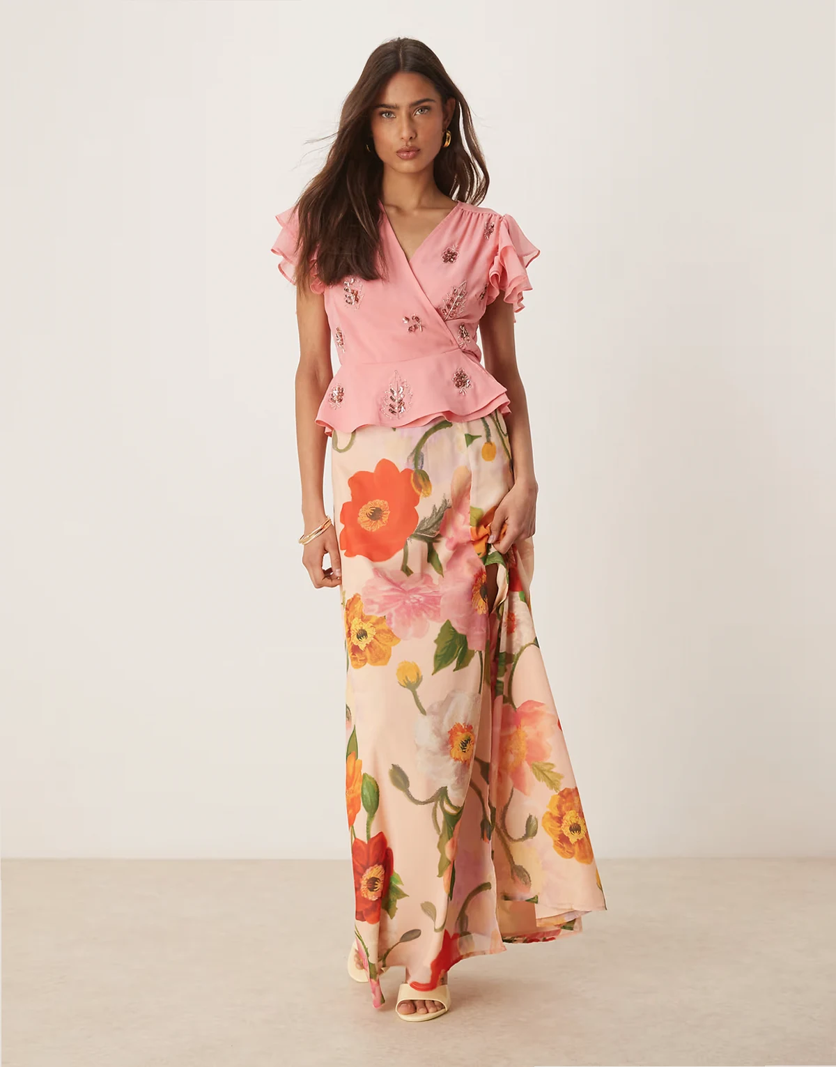 high waist thigh slit maxi skirt in pink multi - part of a set