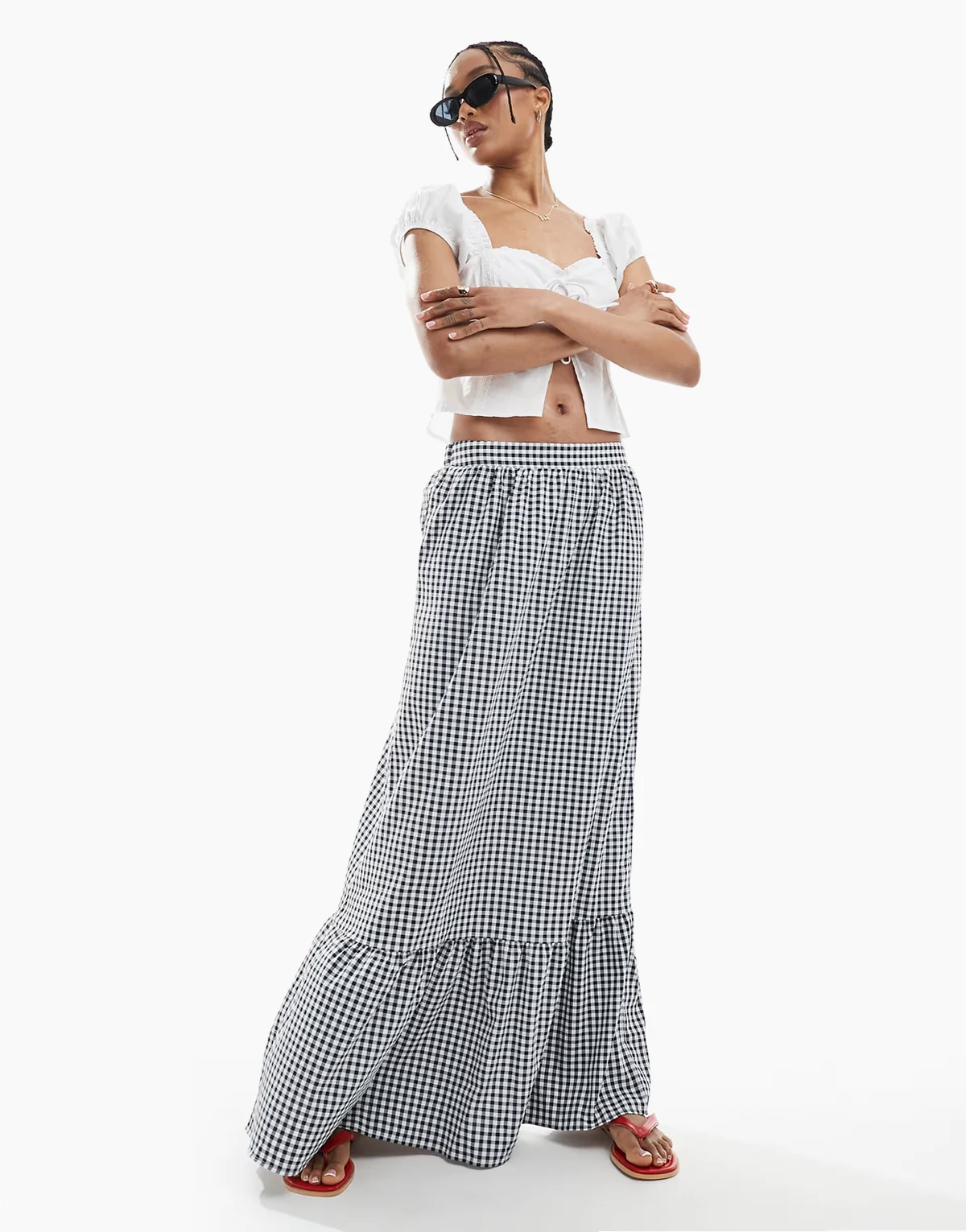tiered hem maxi skirt in black gingham print