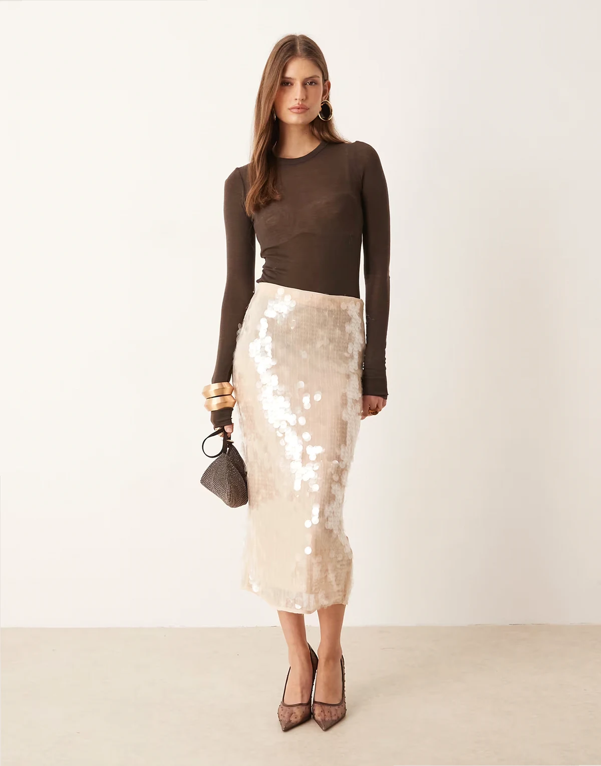 – Pailletten-Midirock in Beige