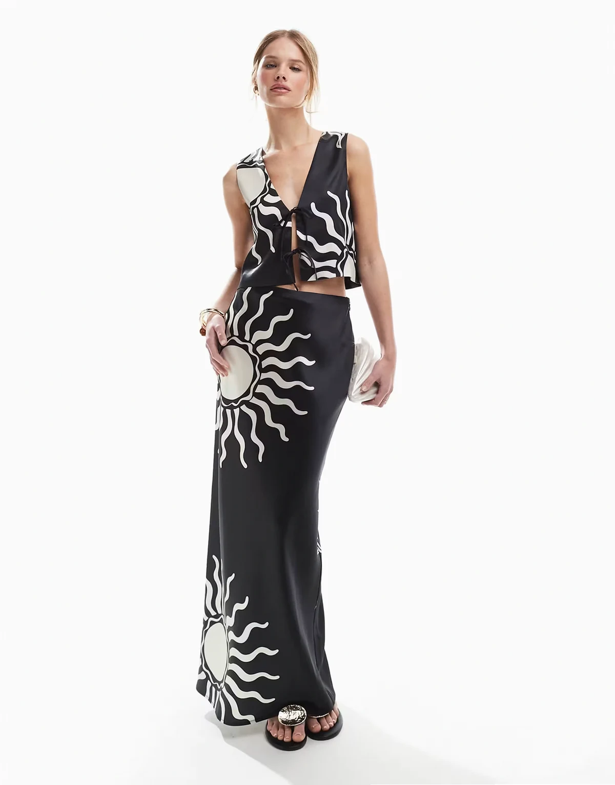 satin maxi skirt in mono contrast sun print - part of a set