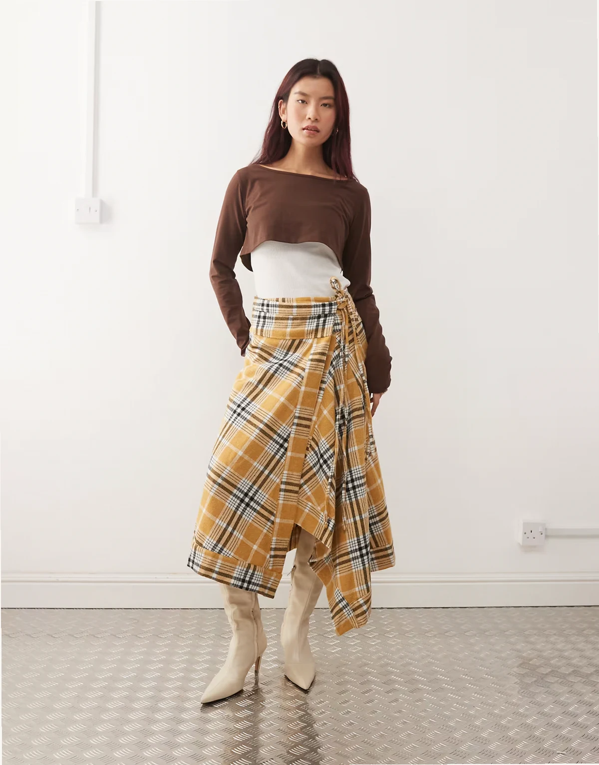 flannel asymmetric midi skirt in brown and yellow plaid