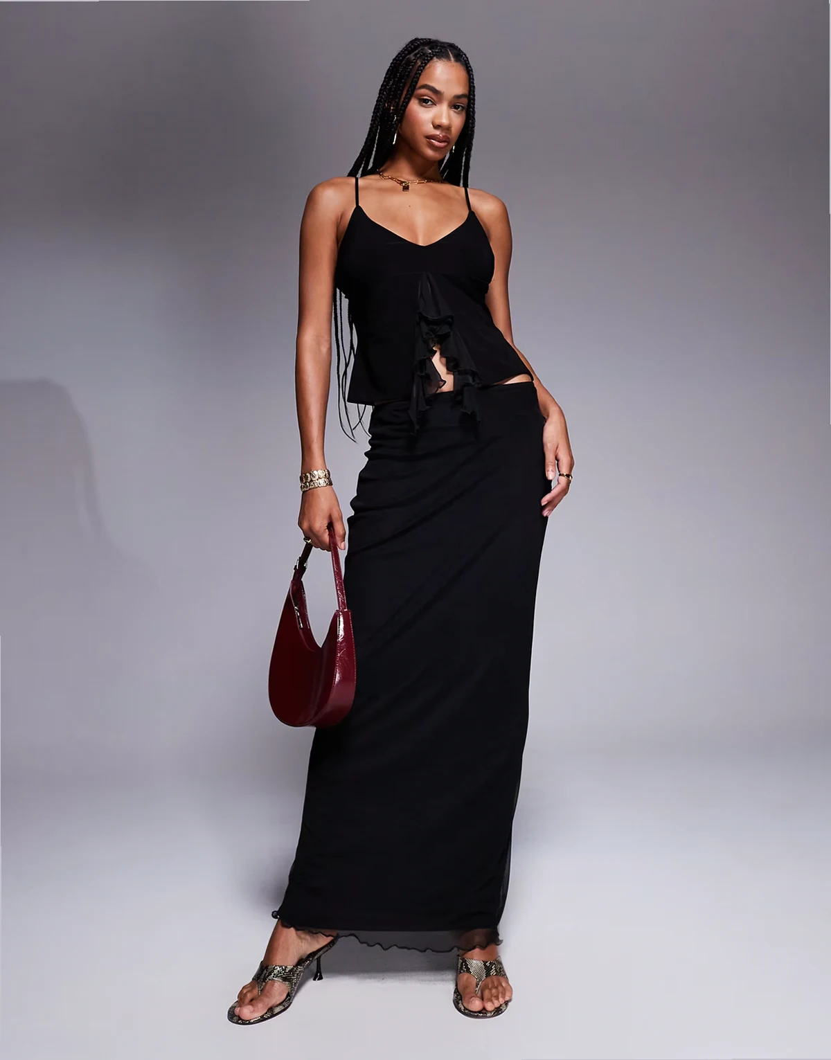 double sculpted slinky column mesh overlay maxi skirt in black - part of a set