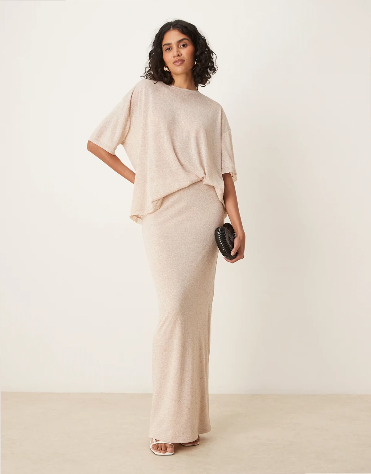 fine knit high waisted maxi skirt in cream heather - part of a set