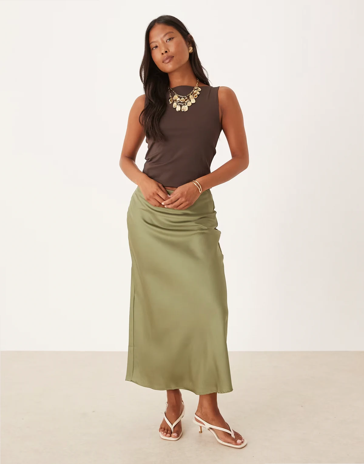 satin maxi skirt in oil green