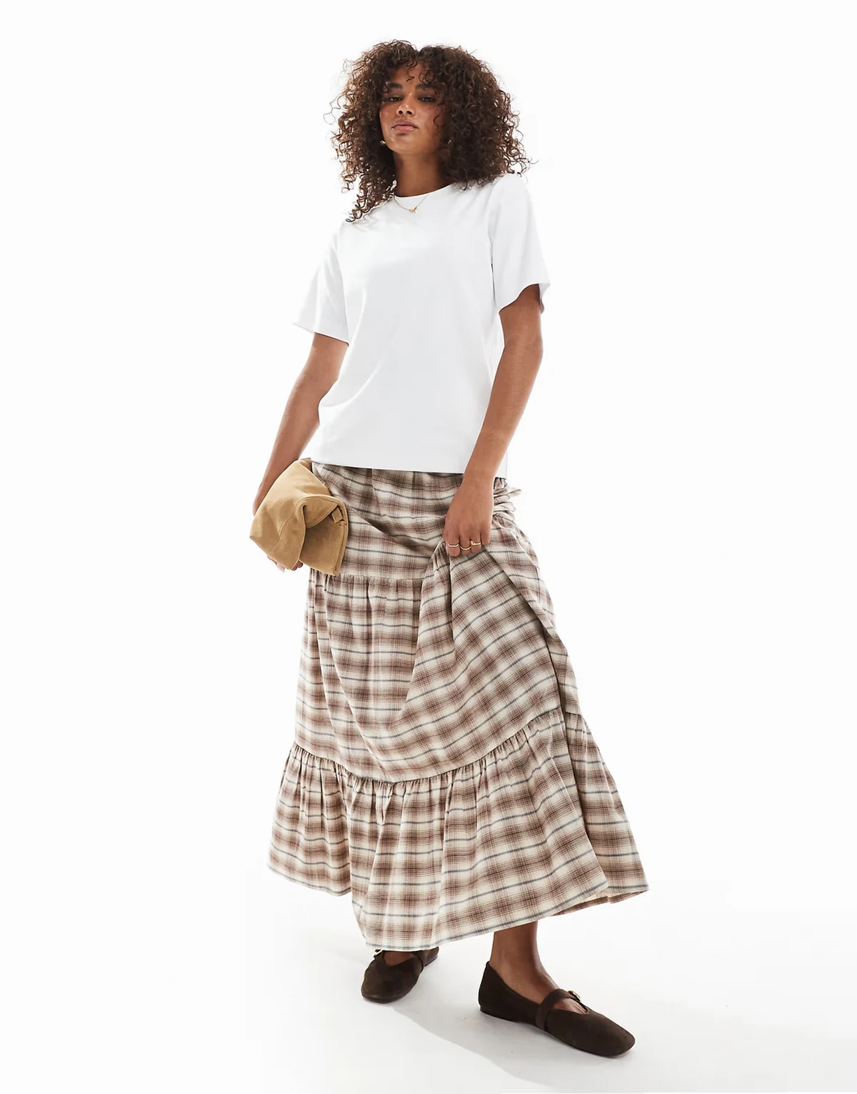 check tiered maxi skirt in beige