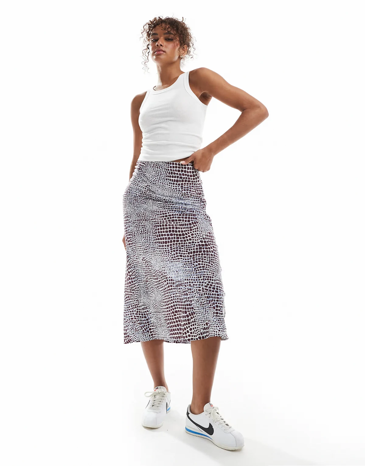 snake print bias cut midaxi skirt in light blue