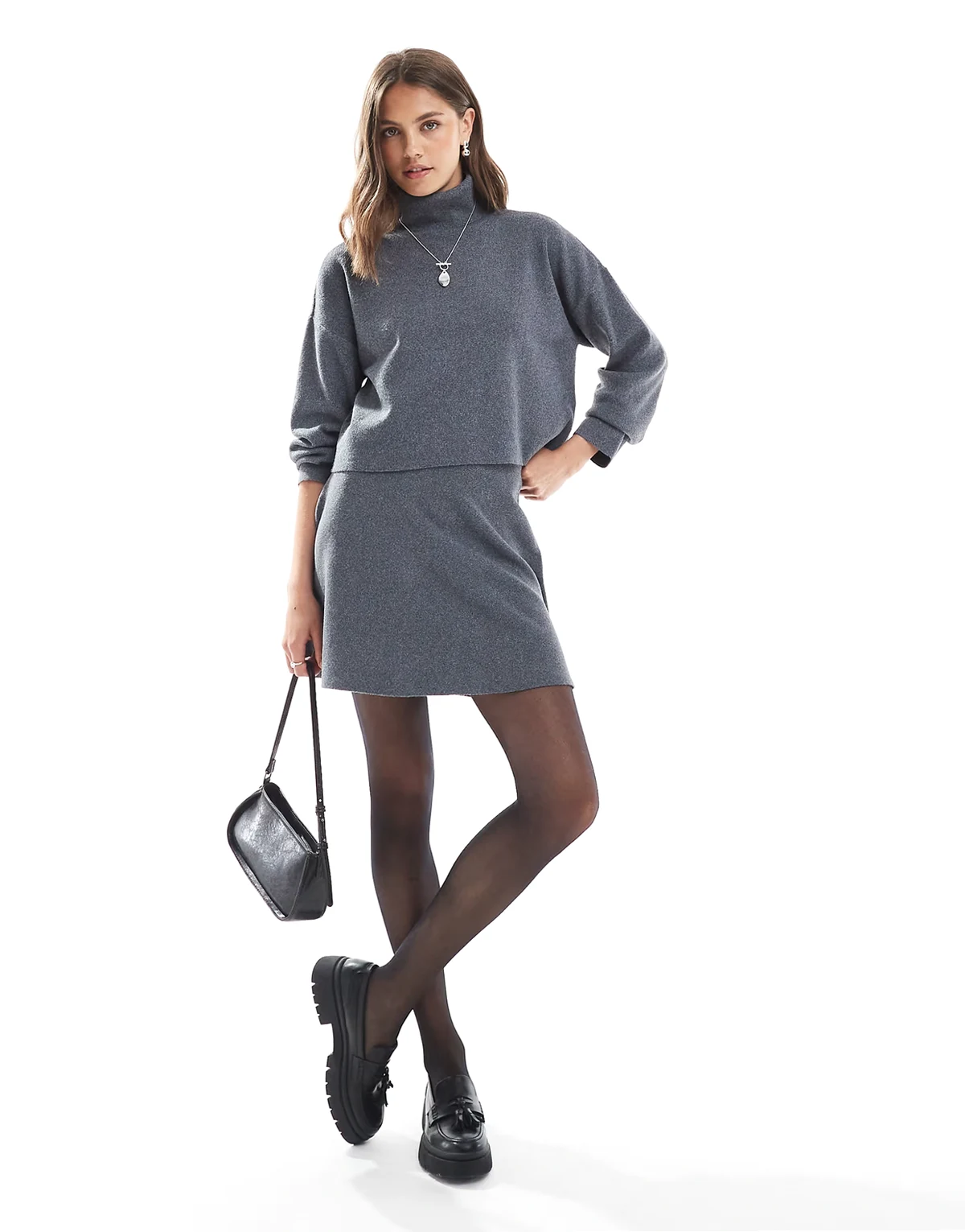 seam detail knit mini skirt in gray - part of a set