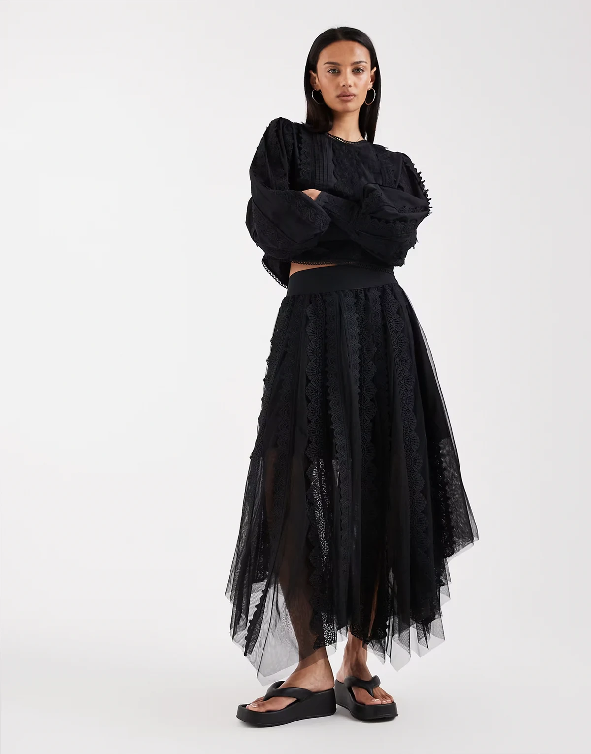 vashtie asymmetric tulle ruffles midi skirt in black