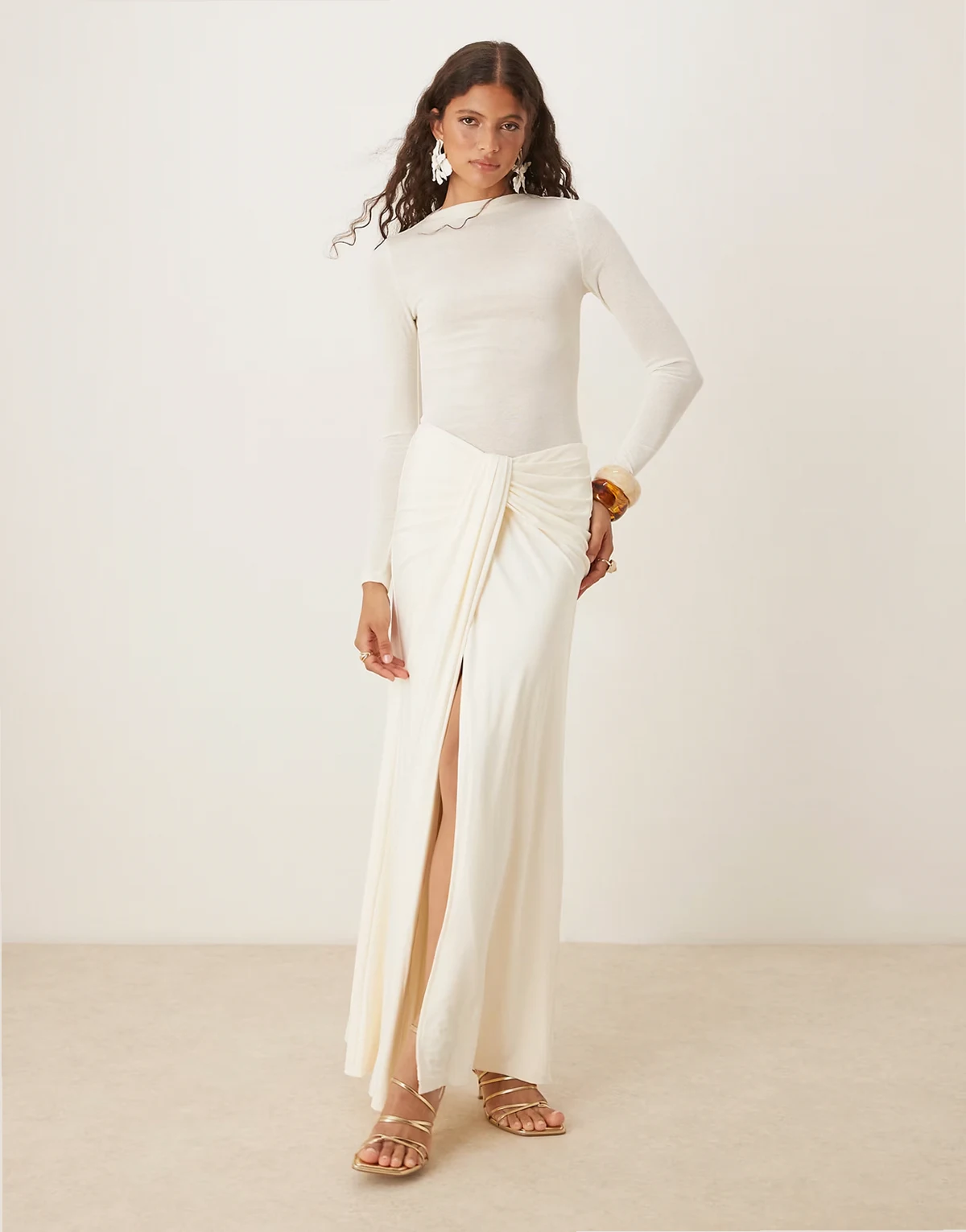 twist front detail side slit maxi skirt in off white - part of a set