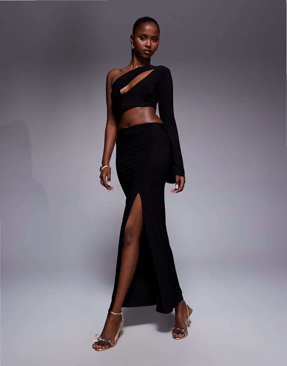 Exclusive double layered slinky side slit maxi skirt in black - part of a set