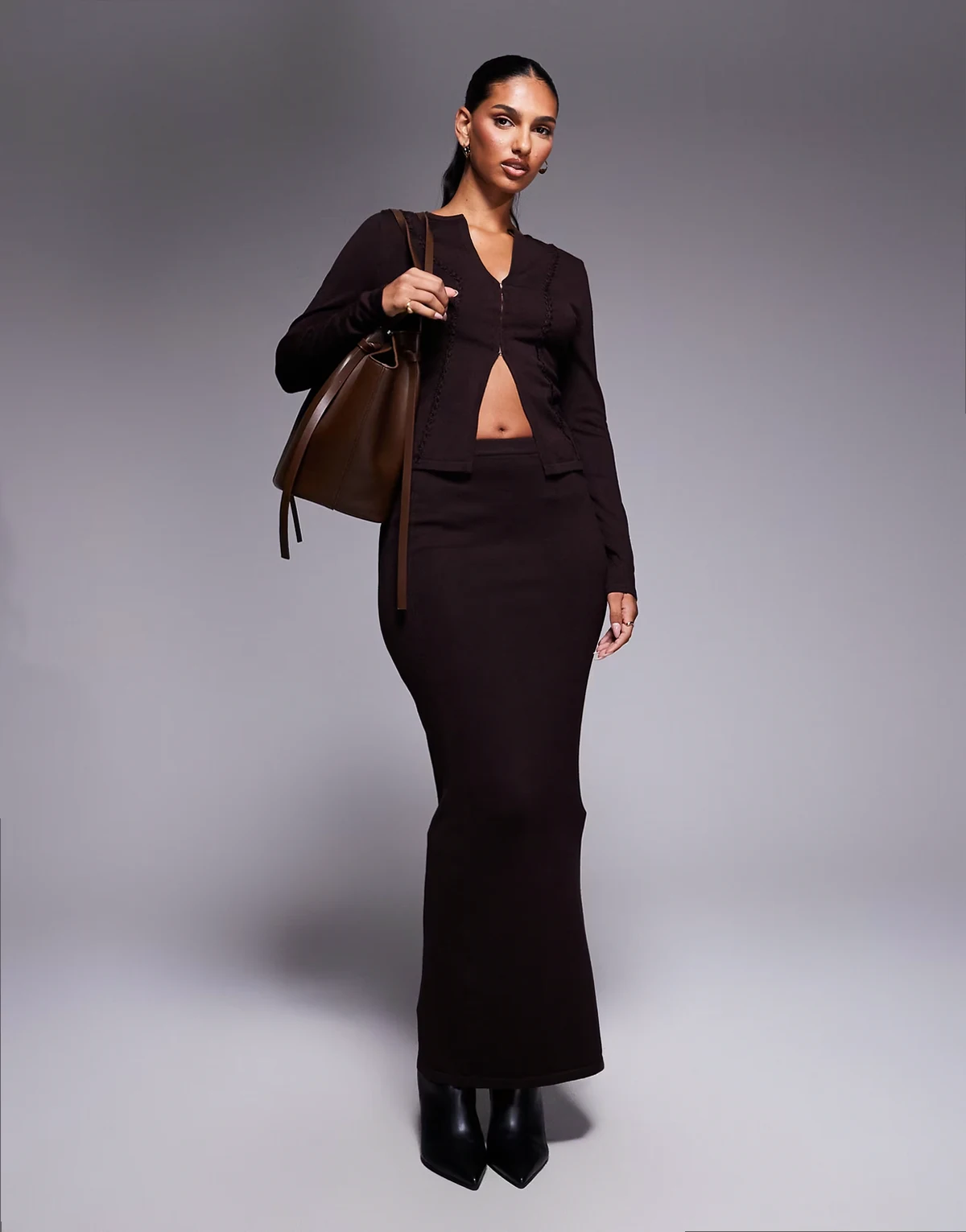knit column maxi skirt in brown - part of a set