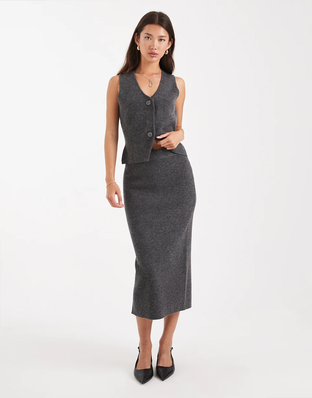soft knit midi skirt in gray melange - part of a set