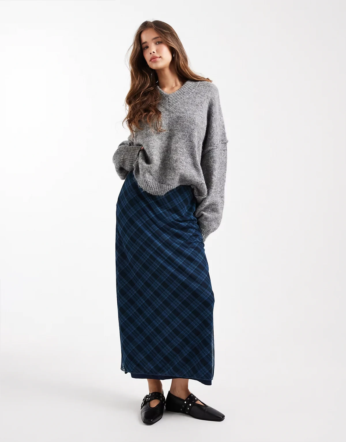 Teen mesh maxi skirt in blue plaid print