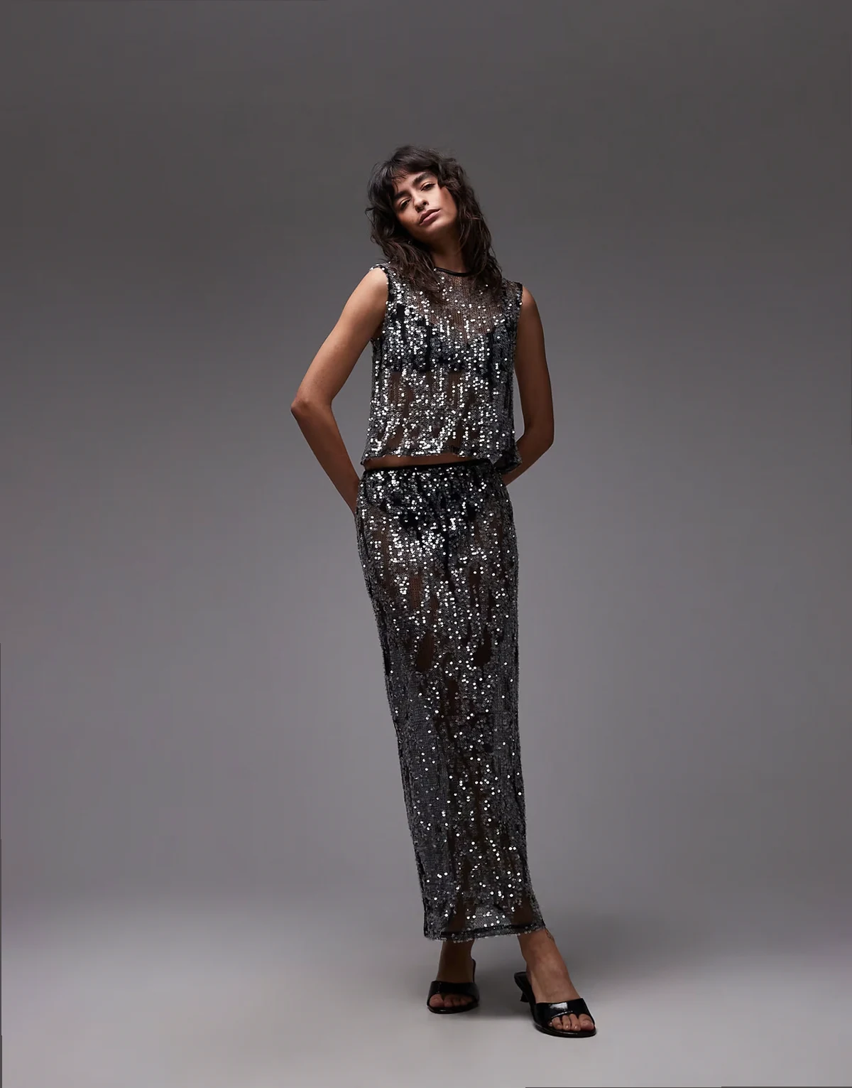 sheer sequin mesh maxi skirt in black