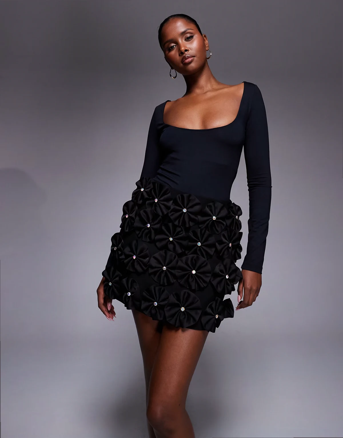 3D flower A-line mini skirt in black