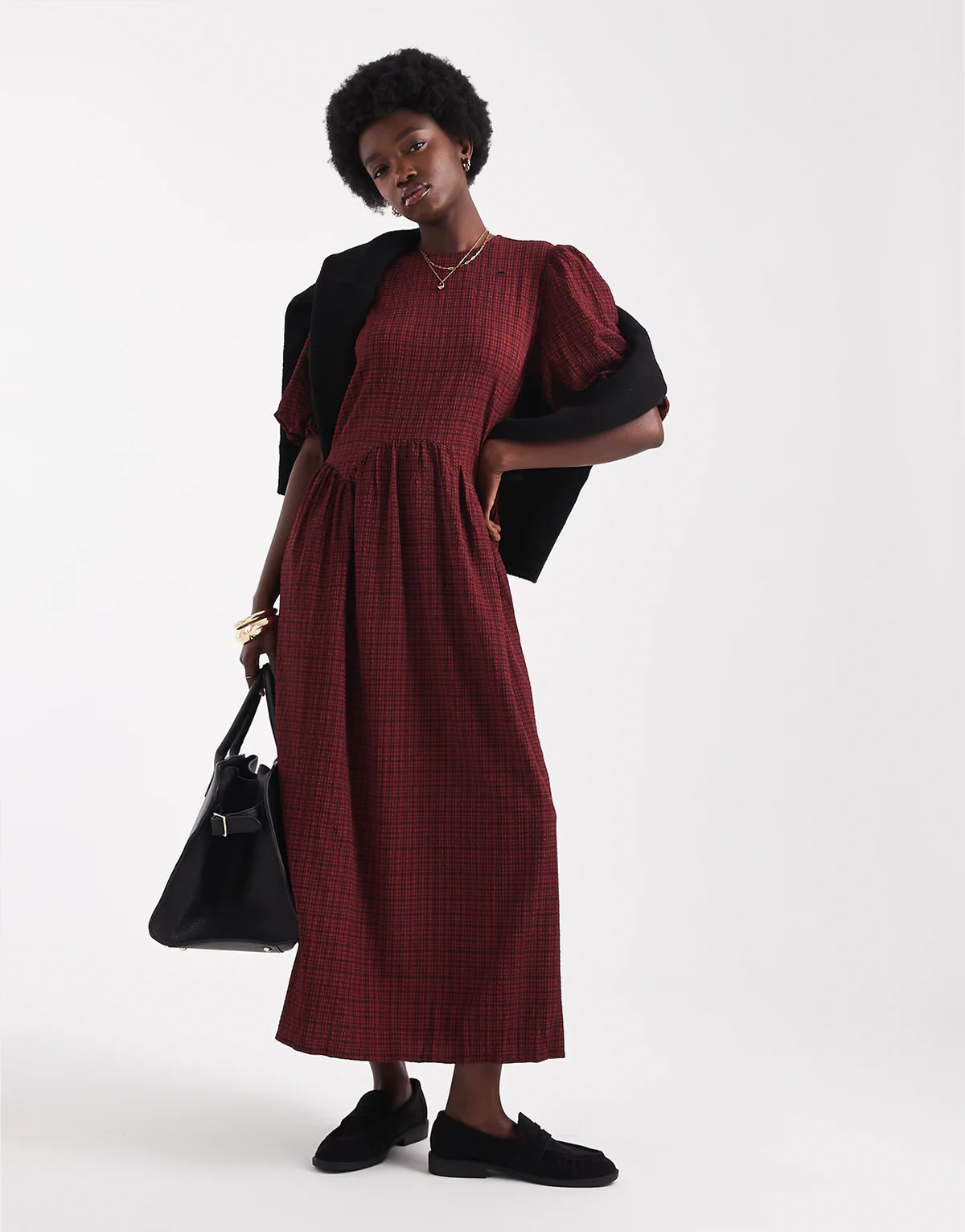 textured plaid puff sleeve midaxi dress in red