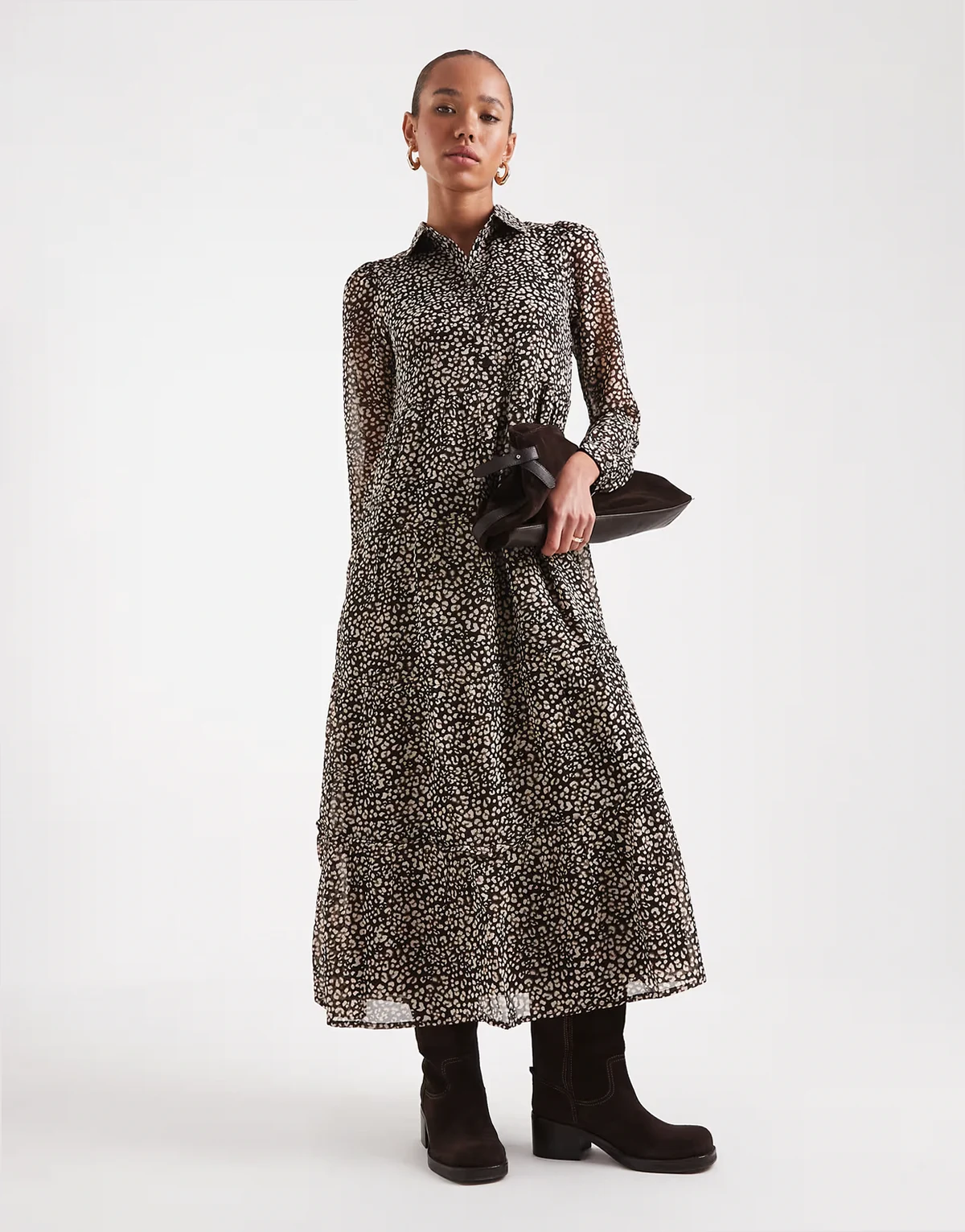 smudge leopard tiered midaxi dress in brown