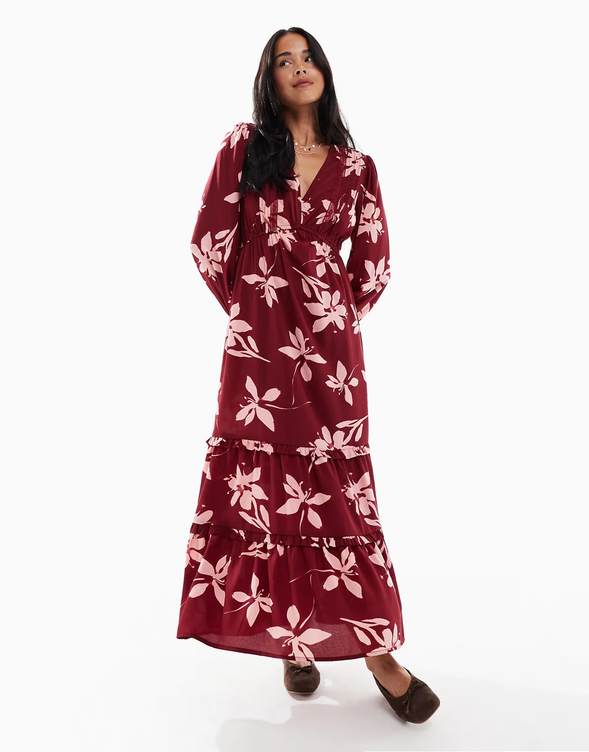plunge front floral print midaxi dress in burgundy