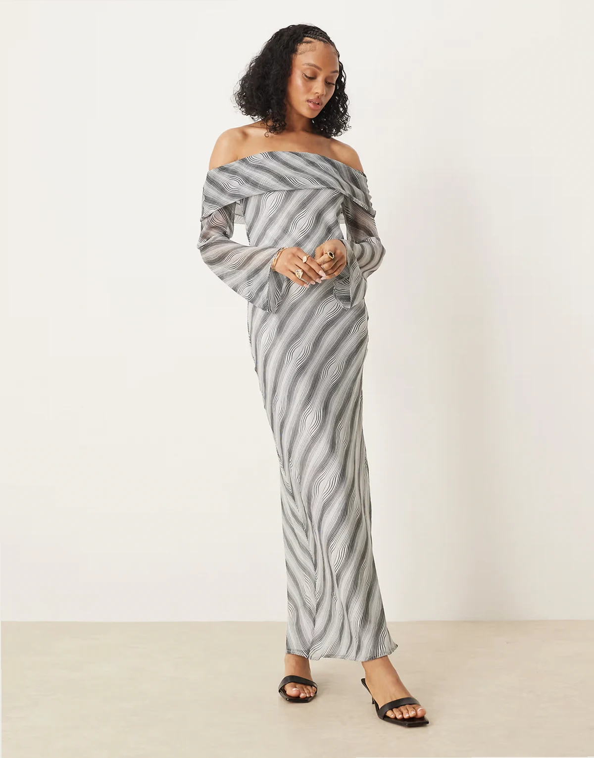 ASOS DESIGN Tall – Sukienka midi w czarne paski z wywijanym dekoltem bardot