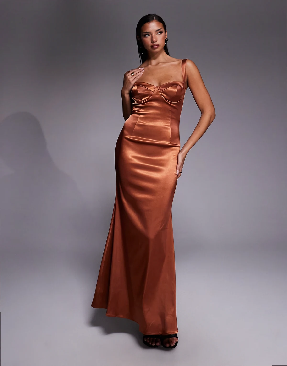 satin sweetheart neck cup detail maxi dress in rust