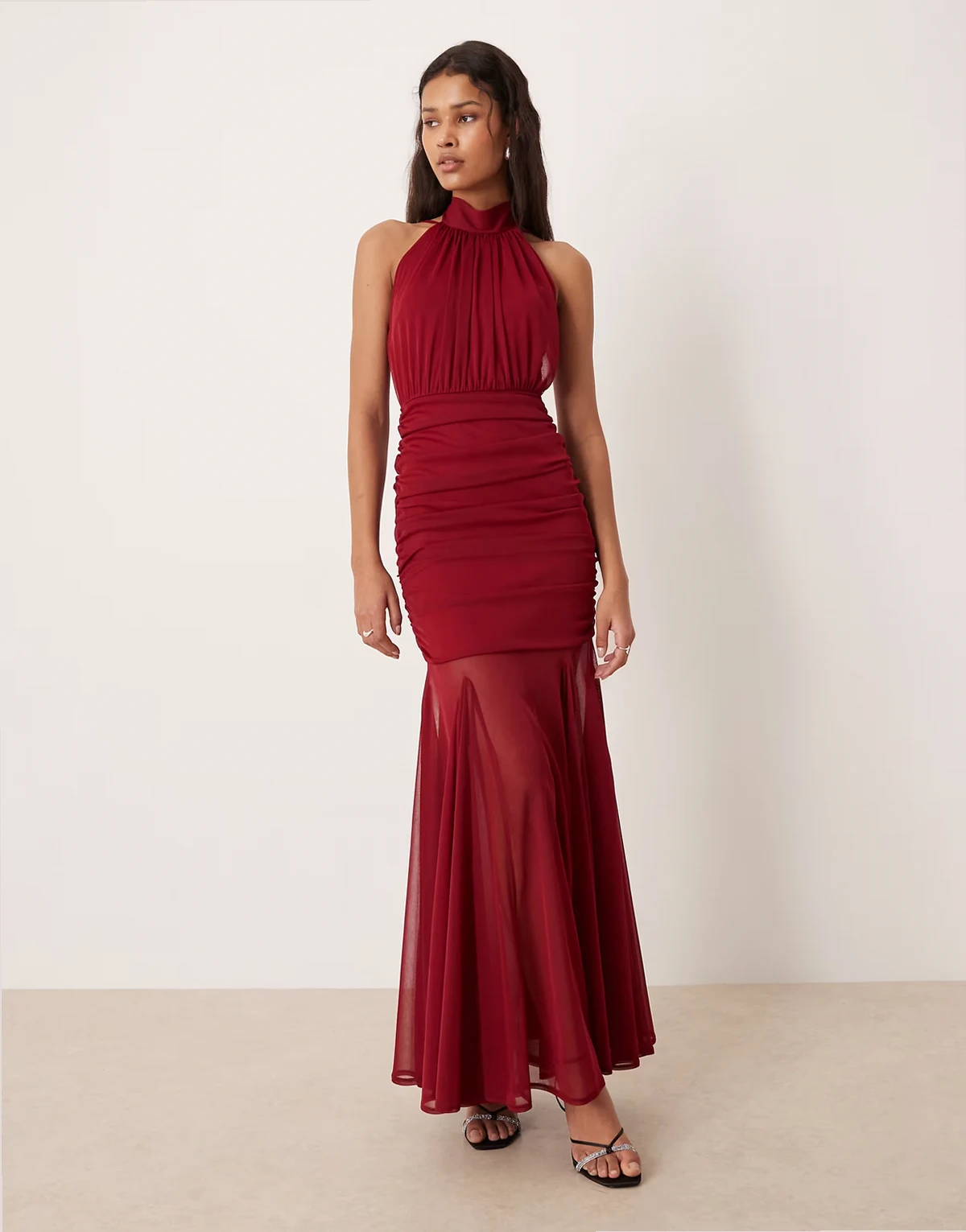 halterneck sheer skirt maxi dress in wine