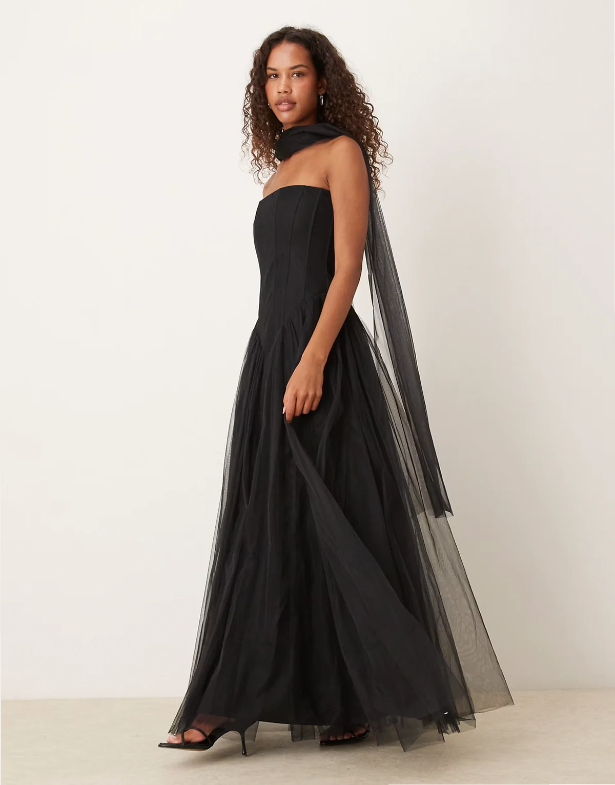 strapless dropped hem corset maxi dress with neck scarf in black