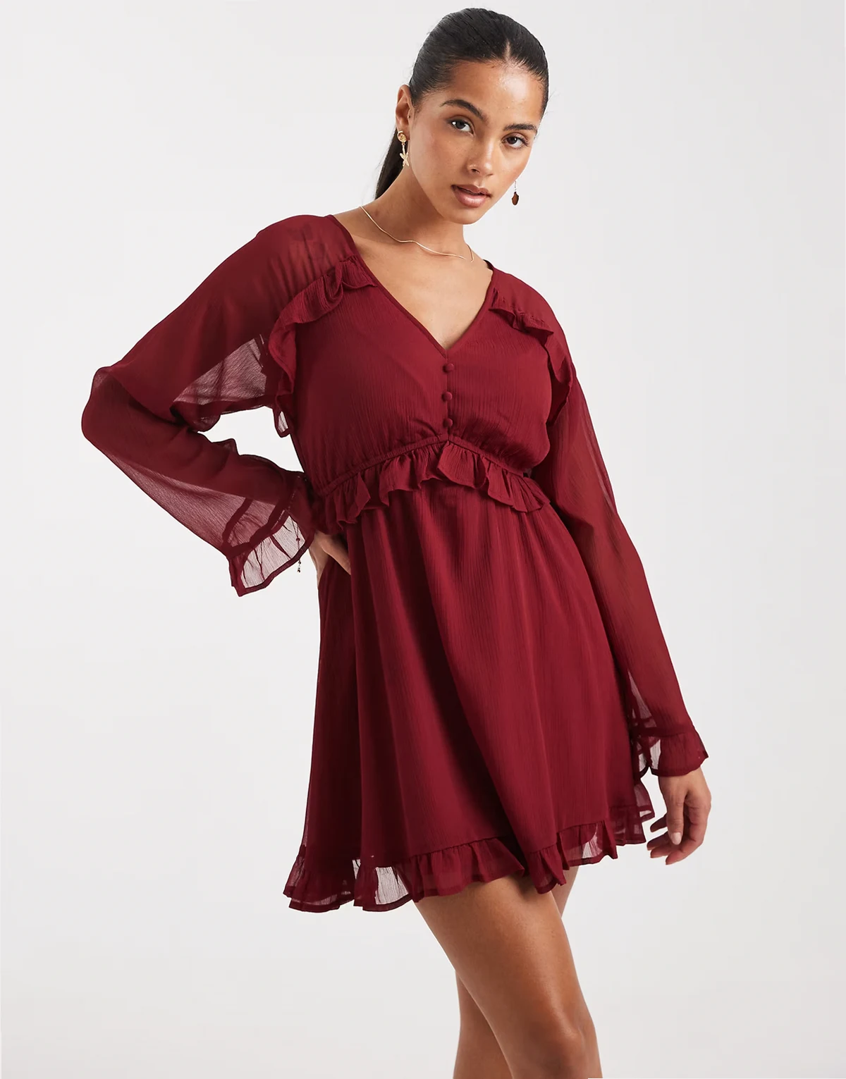 floaty v-neck mini smock dress in burgundy