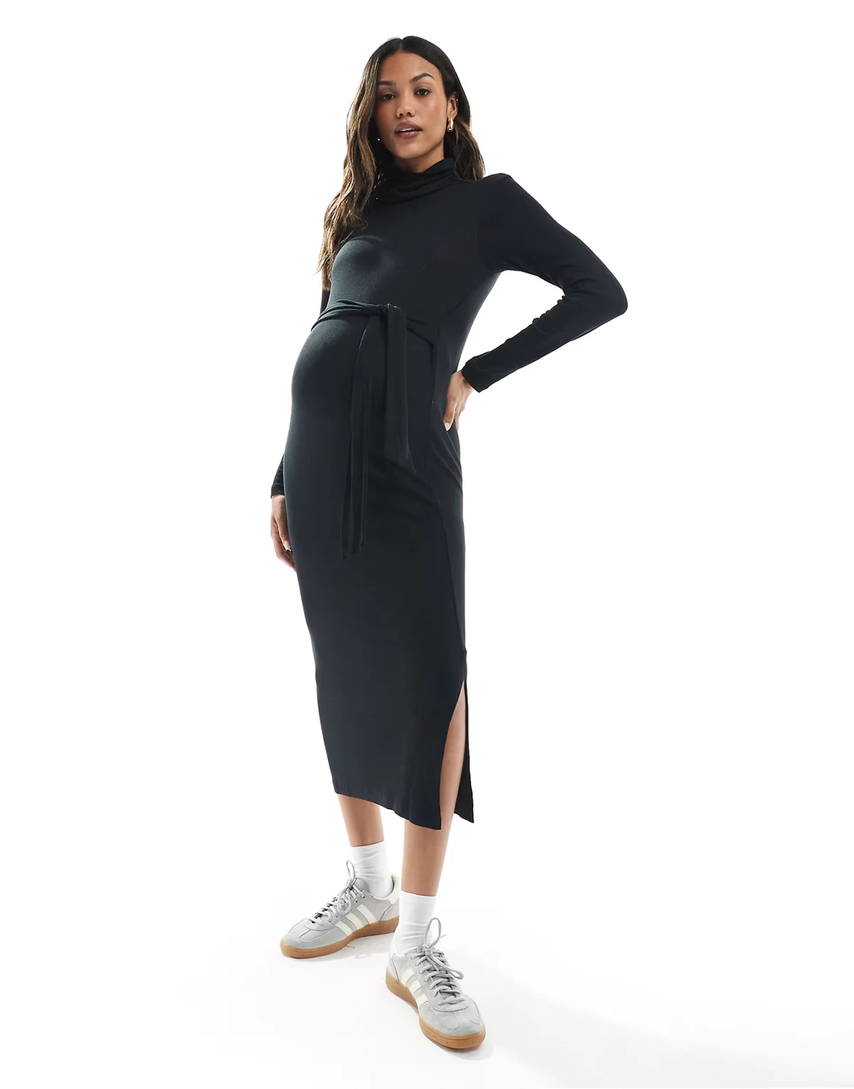 Mamalicious Maternity – Midikleid aus Jersey in Schwarz mit Rollkragen, Umstandsmode