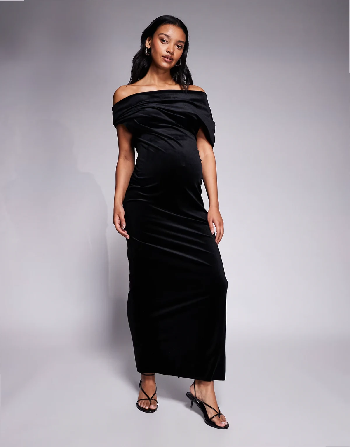 ASOS DESIGN Maternity velvet midi dress with fallen shoulders in black