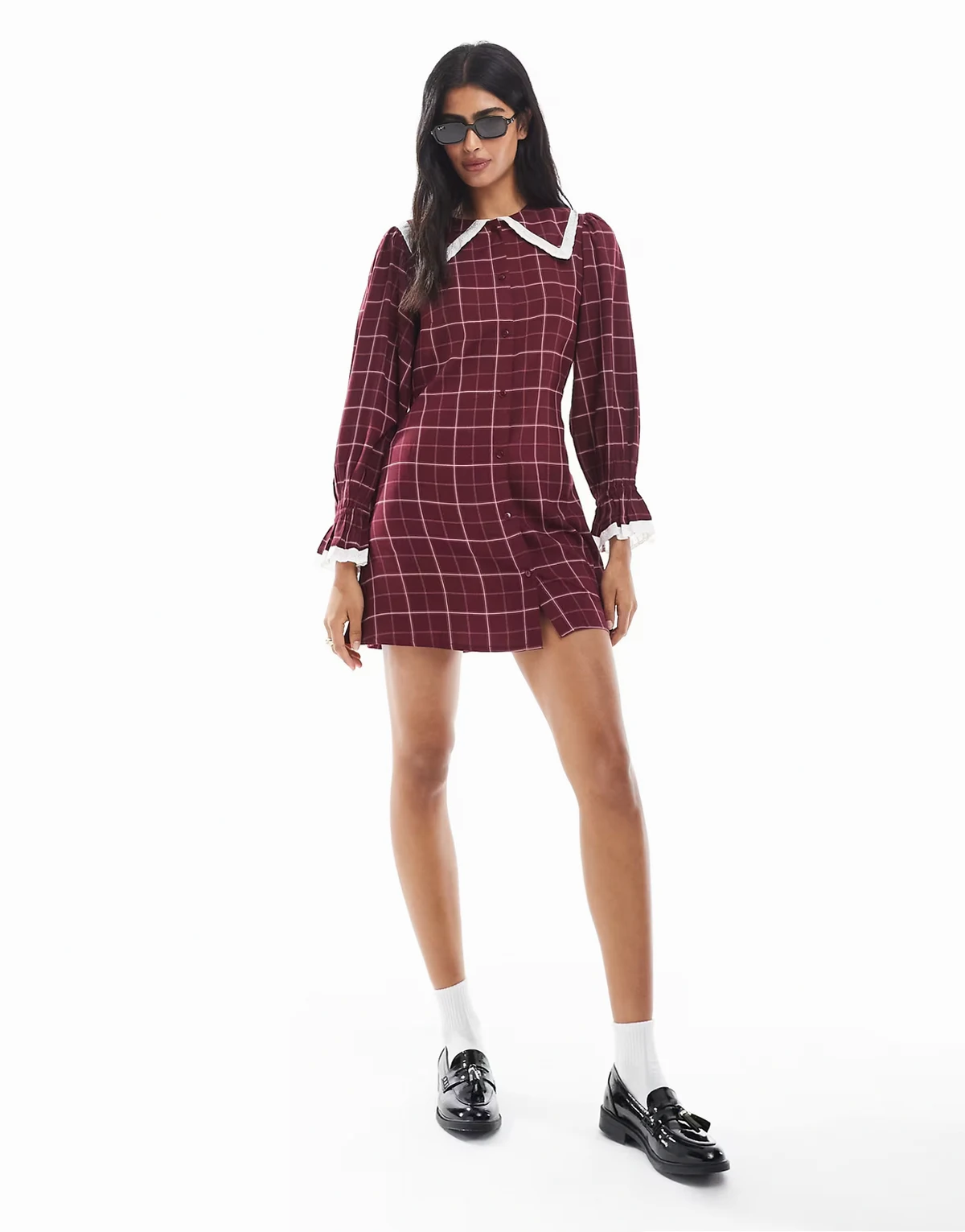 grid check collar detail mini dress in burgundy