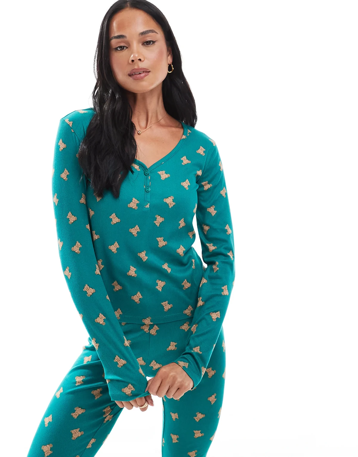 teddy print rib henley pajama top in teal