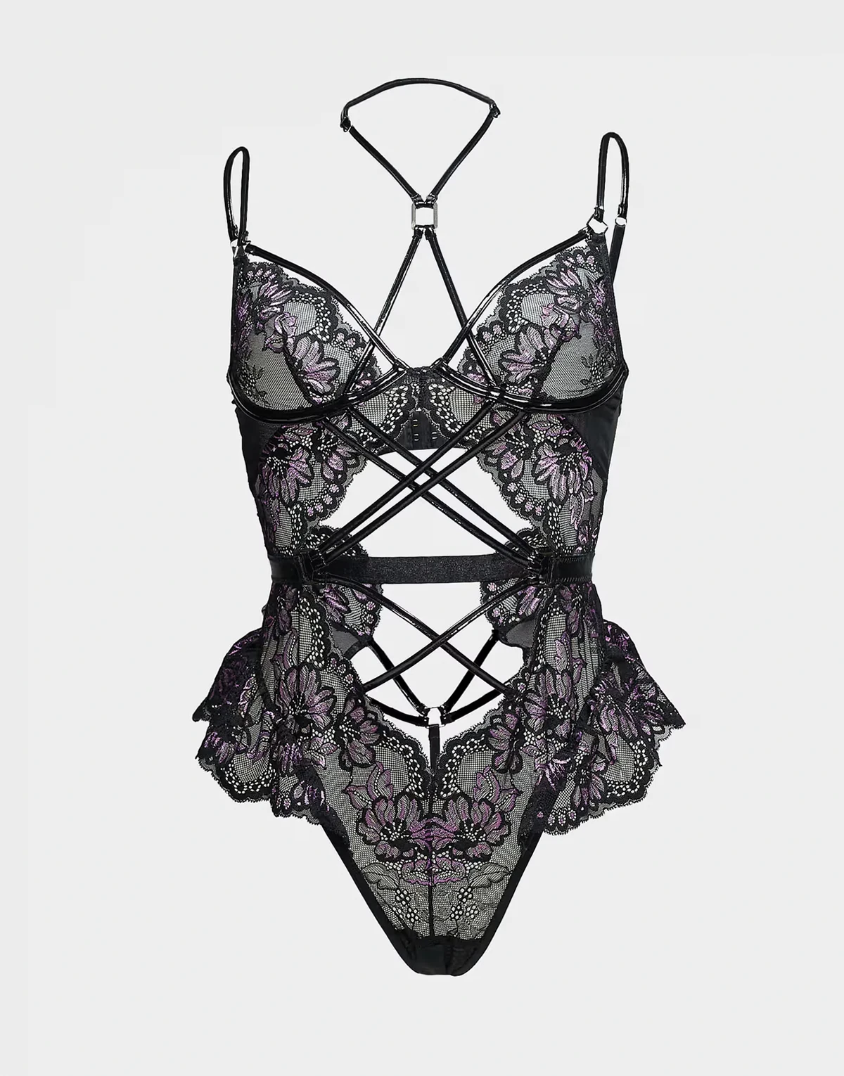 crotchless teddy in black and lilac