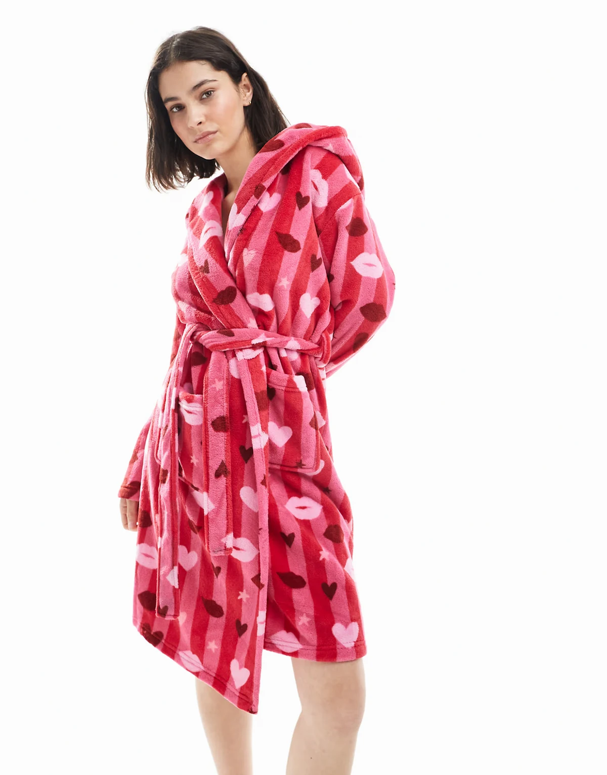 – Bademantel aus Fleece in Rosa mit Herzmuster