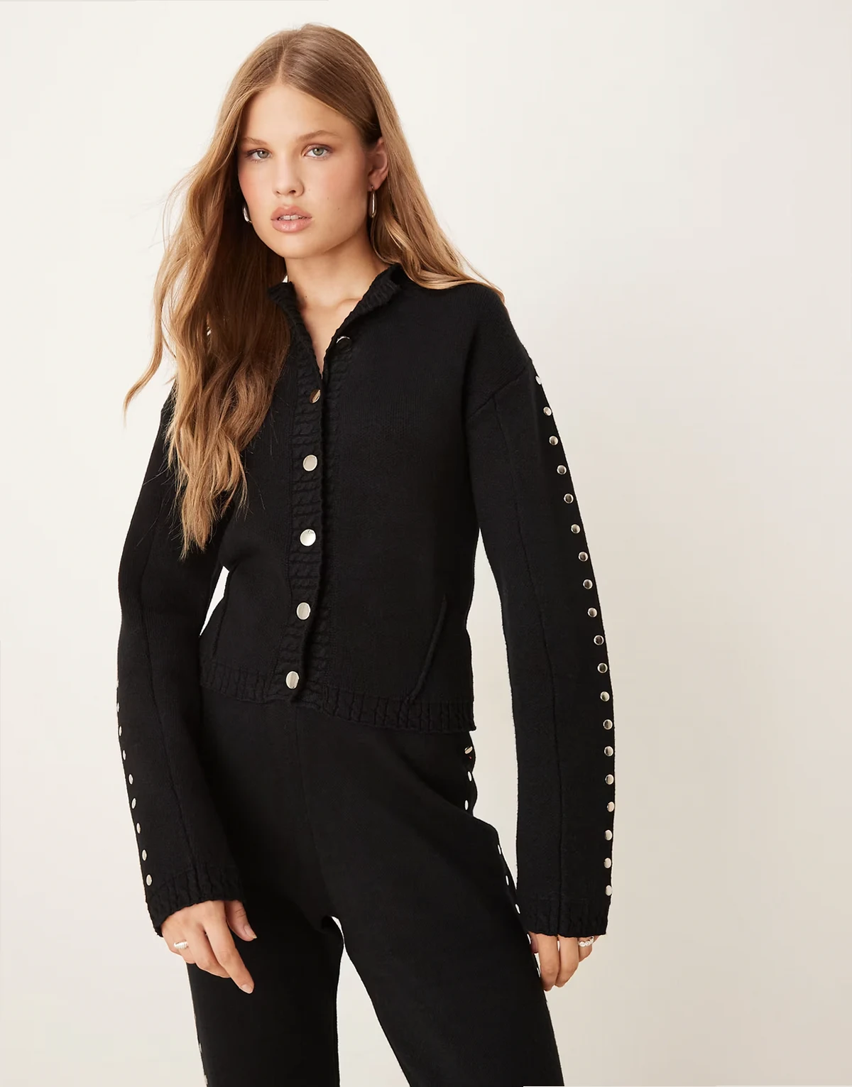 studded knit cardigan in black - part of a set