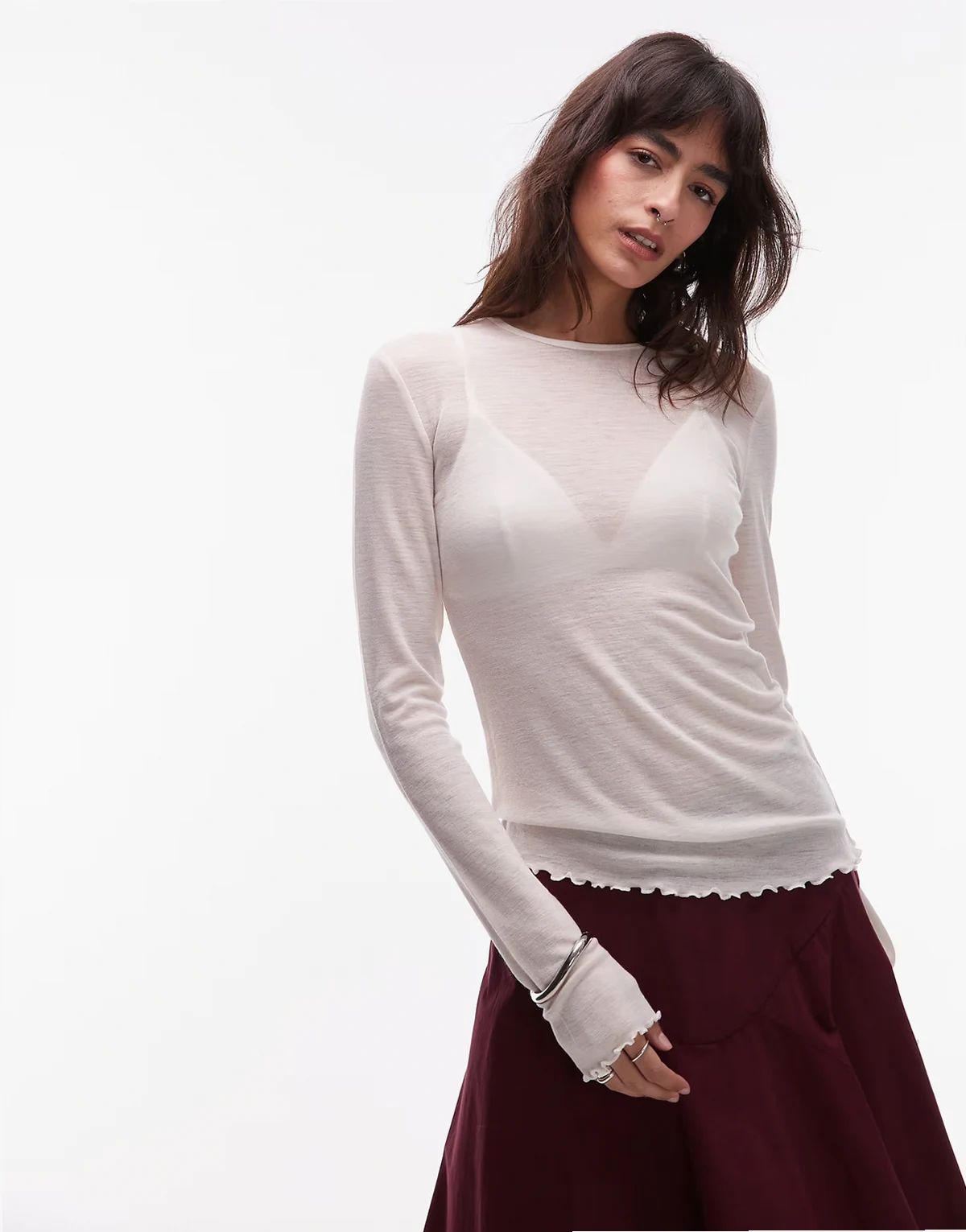 pure wool lettuce edge long sleeve top with thumbhole detail in white