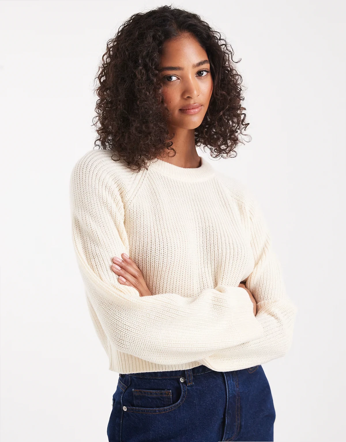boxy fit knit crew neck sweater in oatmeal