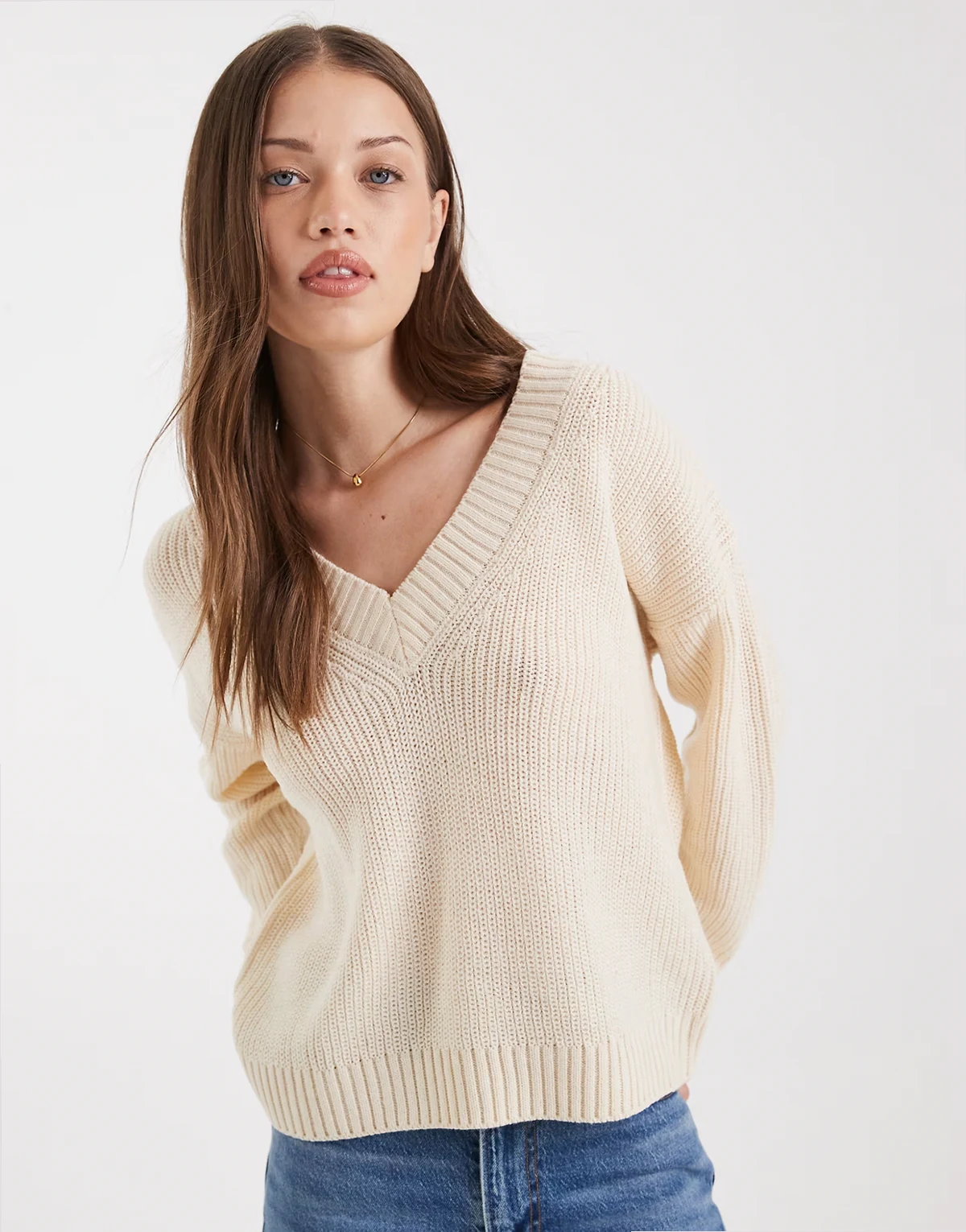deep v neck fisherman knit sweater in oatmeal