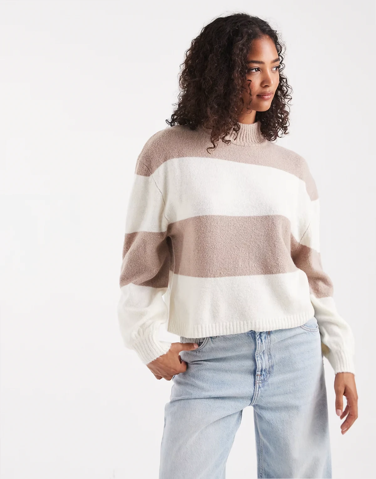 high neck knit sweater in chunky ivory and mink stripes