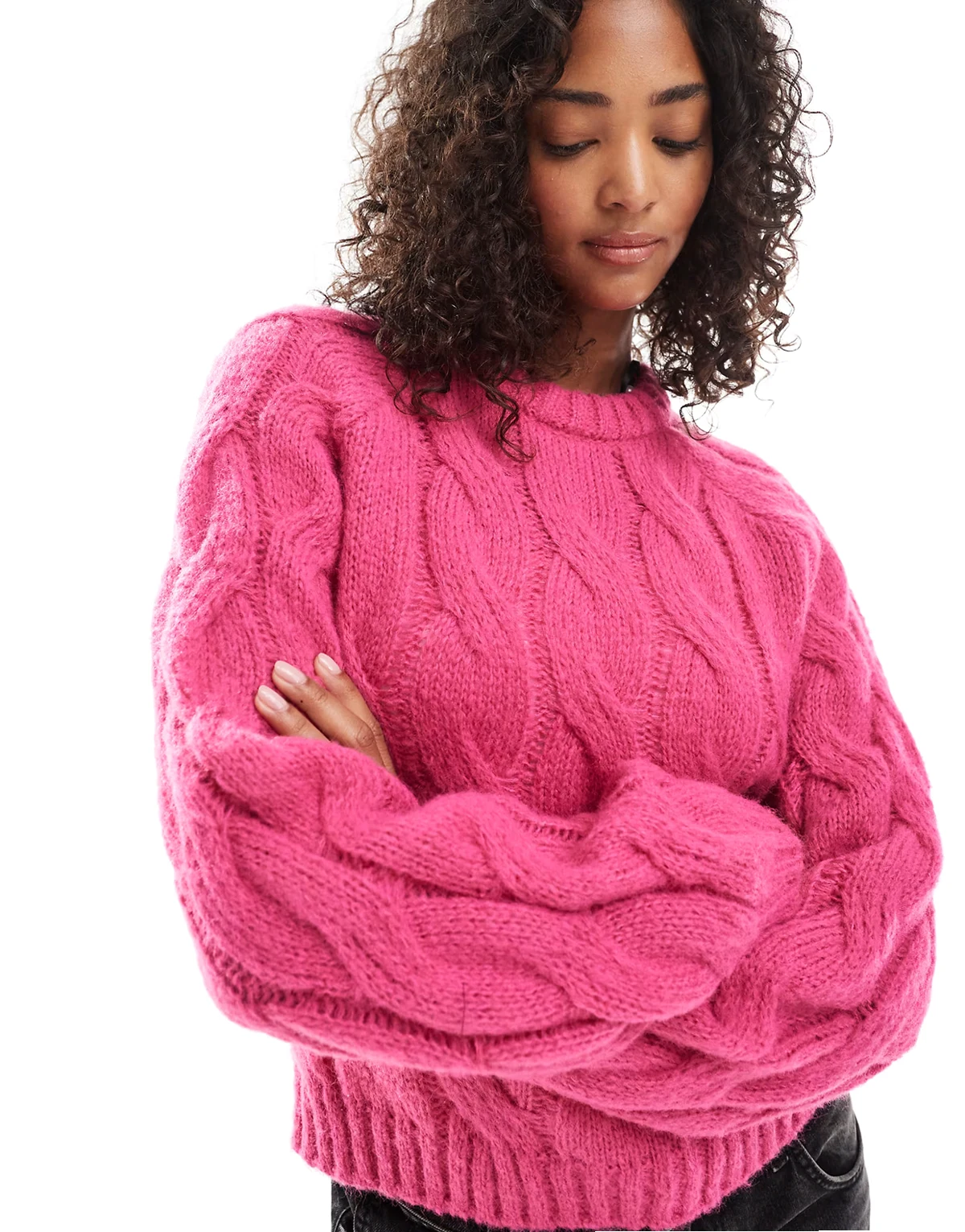 – Strickpullover in leuchtendem Rosa mit Zopfmuster